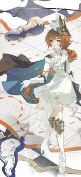 1girl :o ascot blue_cape boots cape chess_piece clock cropped crossed_legs dress full_body gloves green_eyes hair_ornament highres hiruno_baizhou knee_boots long_braid long_hair looking_at_viewer map_(object) official_alternate_costume orange_hair pawn_(chess) poleyn reverse:1999 short_dress solo sonetto_(reverse:1999) sonetto_(the_steadfast_heart)_(reverse:1999) standing very_long_hair white_ascot white_boots white_dress white_gloves wing_hair_ornament