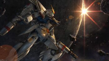 Rule 34 | absurdres, asteroid, beam cannon, blue eyes, copyright notice, crater, debris, earth federation, f91 gundam, gundam, gundam battle operation 2, gundam f91, highres, lens flare, light rays, mecha, mecha focus, mobile suit, moon, no humans, official art, painting (medium), promotional art, realistic, robot, scan, science fiction, space, sunbeam, sunlight, sunrise, sunrise (company), tenjin hidetaka, traditional media, v-fin, zero gravity