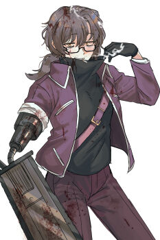 1boy alternate_costume amputee arm_blade bags_under_eyes belt black-framed_eyewear black-framed_glasses black_gloves black_sweater blade_arm blood blood_in_hair blood_on_clothes blood_on_face blood_splatter blood_stain bloody_weapon brown_hair cigarette clothes_pull collared_jacket commission cowboy_shot dirty dirty_clothes eyes_visible_through_hair facial_hair feet_out_of_frame glasses gloves gregor_(project_moon) grin guro hair_between_eyes half-closed_eyes hand_up high_collar highres holding jacket jitome joints kikkoinu limbus_company long_hair long_sleeves looking_at_viewer low_ponytail male_focus mechanical_arms open_clothes open_jacket pants parted_bangs parted_lips pocket ponytail project_moon prosthesis prosthetic_arm purple_jacket purple_pants purple_strap sanpaku semi-rimless_eyewear shirt_pull simple_background single_mechanical_arm smile smirk smoke smoking solo standing strap stubble sweater sword sword_arm teeth turtleneck turtleneck_sweater under-rim_eyewear weapon weapon_arm white_background white_trim yellow_eyes