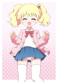 1girl alice_cartelet blonde_hair blue_skirt cardigan closed_eyes hair_ornament highres kin-iro_mosaic kurosaki_kousuke long_hair miniskirt open_mouth panties panty_peek pink_cardigan pleated_skirt shirt skirt smile solo standing thighhighs thighs twintails underwear white_panties white_shirt white_thighhighs wind wind_lift