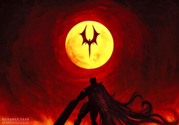 2boys armor artist_name berserk berserker_armor black_armor black_cape black_helm cape commentary demon deviantart_username divine_being dragonslayer_(sword) eclipse english_commentary facebook_username femto_(berserk) flying full_armor full_moon greatsword greaves griffith_(berserk) guts_(berserk) helm helmet highres holding holding_sword holding_weapon huge_weapon moon multiple_boys ornate_armor pauldrons red_sky red_theme shoulder_armor silhouette sky solar_eclipse standing sword thefearmaster weapon wings
