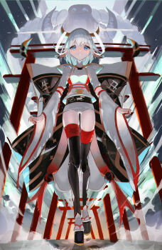 Rule 34 | 1girl, absurdres, animal, animal ears, animal print, black legwear, blue eyes, brown horns, bull, chinese zodiac, cow ears, cow horns, detached sleeves, eyes visible through hair, grey hair, highres, horns, long hair, okobo, original, oversized animal, panties, parted lips, platform sandals, ryes 8, sandals, skindentation, smile, torii, underwear, walking, white panties, wide sleeves, year of the ox