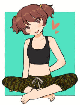 Rule 34 | 1girl, alisa (girls und panzer), aqua background, breasts, brown hair, camouflage, camouflage pants, commentary request, crop top, girls und panzer, highres, indian style, lotus position, meis (terameisu), midriff, navel, pants, simple background, sitting, small breasts, tank top, tongue, tongue out, twintails