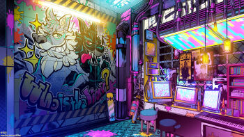 ceiling_light commentary_request computer_keyboard computer_mouse english_text fluorescent_lamp flying_sweatdrops furry graffiti highres instrument keyboard_(instrument) lava_lamp monitor original paint_splatter poster_(object) skateboard sparkle stool tongue tongue_out wolf yuu_(arcadia)