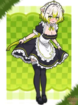 1girl ahoge animal_ears apron breasts cleavage fawksplays ferret_ears ferret_girl ferret_tail green_eyes green_hair green_tail highres laimu_(vtuber) maid maid_apron multicolored_hair open_mouth ribbon short_hair smile thighhighs thighs two-tone_hair vinesauce virtual_youtuber white_hair