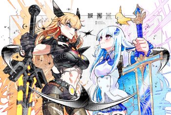 2girls abs absurdres armor bird black_armor black_choker black_gloves black_pantyhose black_shorts blonde_hair blue_eyes blue_hair blunt_bangs breasts choker commentary_request commission cowboy_shot crossover dress earrings eye_contact gloves hair_ornament highres holding holding_sword holding_weapon jewelry lize_helesta long_hair looking_at_another magik_(x-men) marvel marvel_rivals medium_breasts multicolored_hair multiple_girls nijisanji pantyhose pink_eyes planted planted_sword planted_weapon qr_code shorts skeb_commission spiked_belt spiked_choker spikes sunao_saito sword thighhighs toned toned_female torn_clothes torn_pantyhose two-tone_hair virtual_youtuber watermark weapon white_dress white_hair x-men yellow_bird zettai_ryouiki