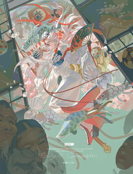 1girl commentary_request full_body hand_fan japanese_clothes kimono koinobori long_hair long_sleeves looking_at_viewer original solo souly watermark white_hair white_kimono windsock