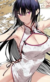 1girl black_hair breasts china_dress chinese_clothes cleavage cleavage_cutout clothing_cutout dress floral_print hair_ribbon haite_kudasai_takamine-san hiiragi_yuuichi large_breasts long_hair panties pelvic_curtain purple_eyes ribbon side-tie_dress side-tie_panties sleeveless sleeveless_dress solo takamine_takane underwear white_dress white_ribbon