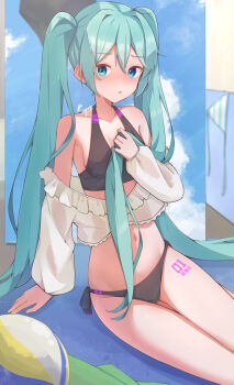 Rule 34 | 1girl, aqua eyes, aqua hair, ball, beachball, bikini, black bikini, blush, breasts, collarbone, commentary request, frilled shirt, frills, hair between eyes, hatsune miku, highres, leg tattoo, long hair, long sleeves, looking at viewer, navel, number tattoo, open mouth, see-through clothes, see-through shirt, shirt, small breasts, solo, soyose, stomach, swimsuit, tattoo, twintails, very long hair, vocaloid, volleyball