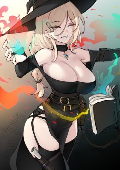 Rule 34 | 1girl, ^ ^, absurdres, bare shoulders, belt, black belt, black choker, black dress, black hat, black thighhighs, blonde hair, book, breasts, choker, cleavage, closed eyes, cowboy shot, dress, garter belt, grin, hat, highres, k0ng, large breasts, long sleeves, merc-san (k0ng), off-shoulder dress, off shoulder, original, pelvic curtain, smile, solo, standing, thighhighs, thighs