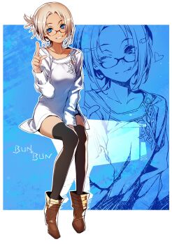 1girl black_thighhighs blonde_hair blue_eyes boots breasts brown_boots bunbun commentary_request dress full_body glasses heart highres invisible_chair medium_breasts one_eye_closed original pointing ponytail red-framed_eyewear short_dress short_ponytail signature sitting smile tan thighhighs tongue tongue_out variant_set white_dress