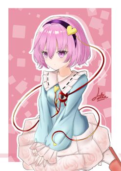 Rule 34 | 1girl, 2091966, absurdres, black hairband, blue shirt, buttons, collared shirt, commentary, eyeball, frilled shirt collar, frilled sleeves, frills, hair ornament, hairband, heart, heart button, heart hair ornament, heart of string, highres, komeiji satori, pink eyes, pink hair, pink skirt, pink slippers, ribbon-trimmed collar, ribbon trim, shirt, signature, sitting, skirt, slippers, socks, solo, third eye, touhou, white socks