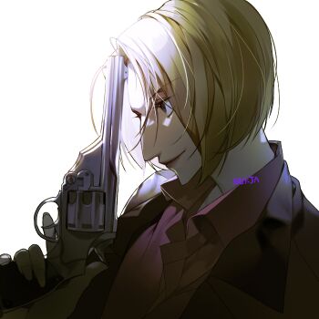 Rule 34 | 1girl, aquiline nose, artist name, blonde hair, collared shirt, gun, handgun, holding, holding gun, holding weapon, hunter x hunter, jacket, nose, pakunoda, profile, revolver, shirt, short hair, signature, smile, solo, sukja, upper body, weapon
