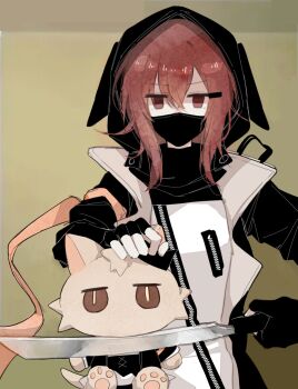 1girl animal_ear_hood animal_ears arknights armband at_knifepoint black_gloves black_jacket black_mask blade_to_throat crossed_bangs crownslayer_(arknights) fake_animal_ears fingerless_gloves gloves hair_between_eyes hair_ornament hairclip hand_up highres holding holding_machete hood hood_up hooded_jacket hyena_ears hyena_girl jacket jitome long_sleeves looking_at_viewer mask medium_hair mouth_mask ninja_mask no_pupils open_clothes open_jacket orange_armband photo-referenced red_eyes red_hair shadow71580825 shirt sidelocks simple_background stuffed_animal stuffed_toy upper_body white_shirt yellow_background zipper