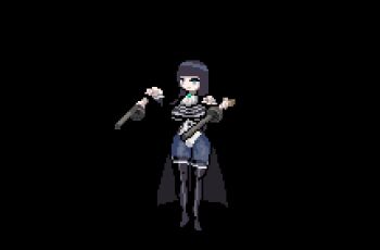 1girl 2021 animated animated_gif arms_at_sides arms_up ascot bags_under_eyes black_boots black_coat black_eyeshadow black_shirt black_trim blue_eyes blue_pantyhose boots breasts buttons ccryupixel closed_mouth coat coat_dress collarbone dress drum_magazine expressionless extra_arms eyeshadow female_focus frilled_sleeves frills full_body groin_tendon heattech_leotard high_heel_boots high_heels highleg highleg_leotard hime_cut holding idle_animation jitome kuro_(under_the_witch) large_breasts leotard long_coat long_hair long_sleeves looking_at_viewer magazine_(weapon) makeup numericgazer official_art open_clothes open_coat pale_skin pantyhose pixel_art shirt simple_background solo spinning_gun spinning_weapon standing straight_hair striped_clothes striped_shirt thick_lips thigh_boots thigh_strap tiptoes transparent_background two-tone_shirt under_the_witch vest white_ascot white_shirt white_trim white_vest