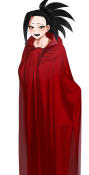 1girl black_eyes black_hair blush boku_no_hero_academia cloak flustered highres naked_cloak red_cloak senju_(snz0) simple_background stray_pubic_hair white_background yaoyorozu_momo