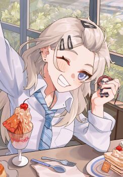 Rule 34 | 1girl, absurdres, ayami59266, bangs pinned back, blue nails, blue necktie, breast pocket, cake, character doll, closed mouth, commentary, cup, diagonal-striped clothes, diagonal-striped necktie, doll, dress shirt, ear piercing, food, fork, girls band cry, grey eyes, grey hair, grey nails, hair ornament, hairclip, hashtag-only commentary, highres, indoors, iseri nina, kawaragi momoka, long hair, multicolored nails, nail polish, necktie, one eye closed, parallel hairclips, piercing, pocket, school uniform, selfie, shirt, spoon, striped clothes, white shirt, window