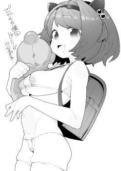 1girl :d absurdres backpack bag bikini breasts commentary_request draph granblue_fantasy hairband highres holding holding_stuffed_toy horns large_breasts loli monochrome open_mouth oppai_loli randoseru short_hair simple_background smile solo stuffed_animal stuffed_toy swimsuit teddy_bear thighhighs translation_request white_background yaia_(granblue_fantasy) yamai_(yamaichandayo)