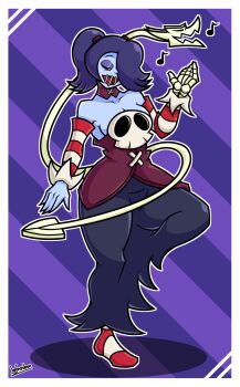 1girl :d bare_shoulders black_skirt blue_hair blue_skin bone border breasts closed_eyes collar collarbone colored_skin commentary detached_collar detached_sleeves diagonal-striped_background dress english_commentary hair_over_one_eye hand_up highres leviathan_(skullgirls) long_hair long_skirt medium_breasts medium_hair musical_note no_shoes object_through_head open_mouth purple_background red_collar red_dress red_sleeves red_socks side_ponytail signature simple_background skeletal_arm skirt skull skullgirls smile socks solo squigly_(skullgirls) standing standing_on_one_leg stitched_mouth stitches striped_background striped_clothes striped_sleeves striped_socks white_border white_sleeves white_socks wonsubon zombie