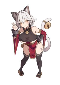 1girl absurdres animal_ear_fluff animal_ears armlet bare_shoulders bell black_collar black_panties black_thighhighs blush breasts closed_mouth collar commentary commission fang geta gold_armlet hair_between_eyes hand_on_own_hip hand_up highres huge_breasts jewelry jinggun leg_tattoo legs neck_bell original panties platform_sandals ring rope_belt sandals short_hair simple_background solo tail tail_bell tail_ornament tail_raised tattoo thighhighs thighs underboob underwear v white_background white_hair yellow_eyes
