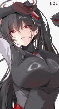 1girl absurdres artist_name black_bodysuit black_hair blue_archive bodysuit breasts commentary dolechan halo headgear high_ponytail highres large_breasts long_hair looking_at_viewer official_alternate_costume open_mouth ponytail red_eyes rio_(armed)_(blue_archive) rio_(blue_archive) simple_background solo upper_body very_long_hair white_background