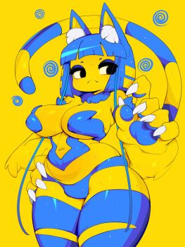 1girl absurdres animal_crossing animal_ears ankha_(animal_crossing) bob_cut breasts cat_girl cat_tail claws colored_skin cosplay felicia_(darkstalkers) felicia_(darkstalkers)_(cosplay) furry highres large_breasts nintendo short_hair simple_background slugbox solo striped_tail tail yellow_skin