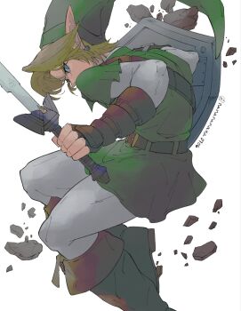 1boy angry belt blonde_hair blue_eyes boots brown_boots curtained_hair debris earrings fingerless_gloves gauntlets gloves green_hat green_tunic hat highres holding hylian_shield jewelry layered_clothes link male_focus master_sword nanananana0706 nintendo padded_gloves pointy_ears shield short_hair shoulder_belt solo sword the_legend_of_zelda the_legend_of_zelda:_ocarina_of_time tunic weapon white_background