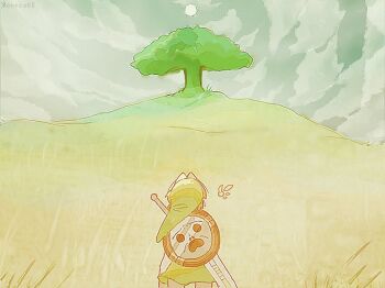 1boy annco60 blonde_hair cloud cloudy_sky cowboy_shot fairy from_behind grass hat link mirror_shield nintendo shield shield_on_back sky solo sword sword_on_back tatl the_legend_of_zelda the_legend_of_zelda:_majora&#039;s_mask tree weapon_on_back