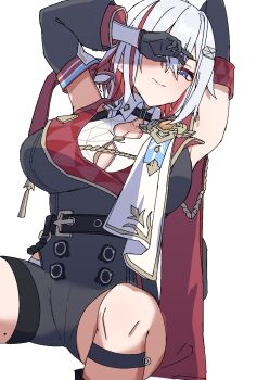 1girl armpits arms_up belt belt_buckle black_gloves blue_eyes breasts buckle colored_inner_hair detached_sleeves gloves highres honkai:_star_rail honkai_(series) large_breasts multicolored_hair red_hair short_hair solo topaz_(honkai:_star_rail) white_hair ynfkin