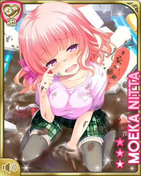 1girl bow dirt dirty female_focus frown girlfriend_(kari) green_skirt hand_on_own_face indoors looking_at_viewer mud nitta_moeka official_art open_mouth pink_bow pink_hair pink_shirt plaid_clothes plaid_skirt purple_eyes qp:flapper school_uniform shirt shoes short_hair skirt solo tagme thighhighs