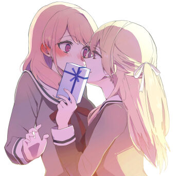 2girls backlighting bang_dream! bang_dream!_girls_band_party! blonde_hair blush box commentary_request covering_own_mouth ear_blush face-to-face gift gift_box hair_ribbon half_updo hanasakigawa_school_uniform highres holding holding_gift long_hair long_sleeves looking_at_another maruyama_aya multiple_girls neck_ribbon pink_eyes pink_hair purple_eyes red_ribbon revision ribbon school_uniform serafuku shirasagi_chisato simple_background tozaki_(r_sailing) upper_body white_background white_day white_ribbon yuri