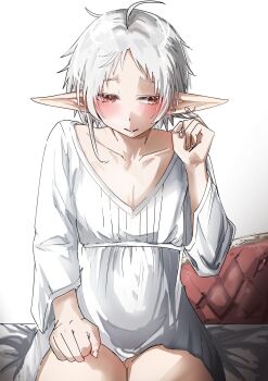 1girl absurdres ahoge blush breasts cleavage clenched_hand closed_mouth collarbone couch dress elf ell_ura gradient_background grey_background hand_up highres husband_and_wives long_sleeves looking_to_the_side messy_hair mushoku_tensei on_couch orange_hair parted_bangs playing_with_own_hair pointy_ears sitting solo sylphiette_(mushoku_tensei) white_dress white_hair