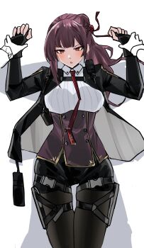 1girl 1other absurdres black_gloves black_jacket black_pantyhose black_shorts blush breasts commentary corset english_commentary feet_out_of_frame fingerless_gloves girls&#039;_frontline girls&#039;_frontline_2:_exilium gloves hair_ribbon hands_on_another&#039;s_hands harness highres jacket long_hair long_sleeves looking_at_viewer makiatto_(girls&#039;_frontline_2) medium_breasts necktie open_clothes open_jacket open_mouth pantyhose purple_corset purple_hair red_eyes red_necktie red_ribbon ribbon shadow shirt shorts simple_background solo standing wa2000_(girls&#039;_frontline) walkie-talkie white_background white_shirt yazu_(zoddiacz)