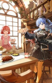 5girls absurdres ahoge apple_juice azki_(4th_costume)_(hololive) azki_(hololive) bandaid bandaid_hair_ornament belt beret black_belt black_choker black_dress blue_eyes blue_hair blue_jacket burger buttons cat_hair_ornament chair choker closed_mouth collarbone double-breasted dress drink_carton facing_another food grin hair_ornament hairclip hat head_out_of_frame highres holding holding_food holding_milk_carton holding_pizza holding_plate hololive hoshimachi_suisei hoshimachi_suisei_(casual) indoors jacket juice juice_box lace lace_choker letterman_jacket long_hair long_sleeves looking_at_another meat milk_carton multiple_girls neck_ribbon oeuia official_alternate_costume open_clothes open_jacket open_mouth orange_pantyhose out_of_frame pantyhose pink_jacket pizza plate quilted_clothes red_ribbon ribbon roboco-san roboco-san_(hoodie) sakura_miko sakura_miko_(school_uniform) school_uniform shirt short_hair side_ponytail sleeveless sleeveless_dress smile standing star_(symbol) star_in_eye symbol_in_eye table tearing_up thigh_strap tongue virtual_youtuber white_shirt white_sleeves