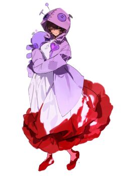 Rule 34 | 1girl, absurdres, blood, blood on clothes, blood on feet, brown hair, closed mouth, commentary, doll, dress, e.g.o (project moon), full body, highres, holding, holding doll, hood, hooded jacket, huyj cl, i'll go fer scissors. how 'bout you? (e.g.o), jacket, limbus company, long sleeves, orange eyes, outis (project moon), patch, project moon, purple jacket, short hair, simple background, smile, solo, stitches, symbol-only commentary, white background, white dress