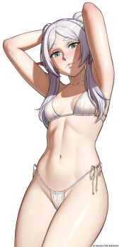 1girl absurdres alternate_costume armpits arms_behind_head arms_up bikini blush breasts closed_mouth collarbone commentary cowboy_shot earrings elf english_commentary frieren highres jewelry long_hair looking_at_viewer mangho micro_bikini navel parted_bangs pointy_ears side-tie_bikini_bottom small_breasts solo sousou_no_frieren string_bikini swimsuit teardrop_earrings twintails white_bikini