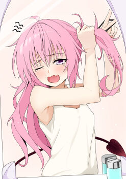1girl absurdres ahoge camisole demon_tail fang hair_tie highres holding holding_hair_tie holding_own_hair ivu_(eve0315y) long_hair looking_at_viewer messy_hair mirror nana_asta_deviluke one_eye_closed open_mouth pink_eyes pink_hair skin_fang sleepy solo tail tearing_up to_love-ru to_love-ru_darkness twintails tying_hair upper_body white_camisole wince yawning