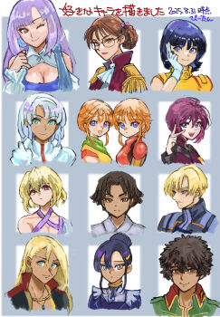 4boys 6+girls blonde_hair blue_eyes breasts brown_eyes cleavage daryl_lorenz elpeo_puru fa_yuiry glasses green_eyes gundam gundam_build_fighters gundam_gquuuuuux gundam_seed gundam_seed_destiny gundam_suisei_no_majo gundam_thunderbolt gundam_unicorn gundam_wing gundam_zz hair_bun highres jewelry lady_une long_hair looking_at_viewer loran_cehack lunamaria_hawke medium_breasts mobile_suit_gundam multiple_boys multiple_girls nils_nielsen nyaan_(gundam_gquuuuuux) okrdisk2000 purple_eyes purple_hair puru_two red_eyes riddhe_marcenas roux_louka shaddiq_zenelli short_hair smile stellar_loussier turn_a_gundam zeta_gundam
