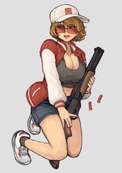 Rule 34 | 1girl, absurdres, ammunition, baseball cap, blonde hair, blue shorts, breasts, chanta (ayatakaoisii), cleavage, full body, grey background, grey tank top, gun, hat, highres, holding, holding gun, holding weapon, jacket, large breasts, letterman jacket, looking to the side, navel, open clothes, open jacket, open mouth, original, pump action, red-tinted eyewear, red jacket, shoes, short hair, shorts, shotgun, shotgun shell, simple background, smile, sneakers, solo, tank top, tinted eyewear, weapon, white hat, white shoes, white sleeves