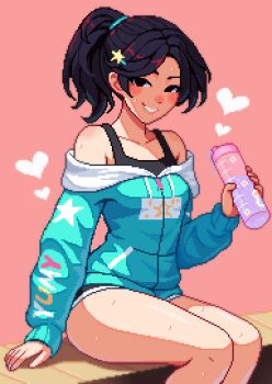 1girl absurdres aqua_jacket artist_self-insert aseprite_(medium) black_eyes black_hair blush bottle breasts collarbone commentary english_commentary hair_ornament heart high_ponytail highres holding holding_bottle jacket long_sleeves looking_at_viewer medium_breasts off_shoulder original pink_background pixel_art ponytail short_shorts shorts simple_background sitting smile solo sweat water_bottle yumykon yumykon_(yumykon)