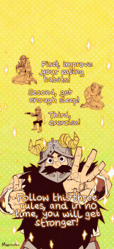 1girl 3boys beard chilchuck_tims dungeon_meshi dwarf eating english_text facial_hair fake_horns finger_counting helmet highres horned_helmet horns image_macro_(meme) laios_touden long_beard looking_at_viewer male_focus marcille_donato marcohocoho meme multiple_boys mustache senshi_(dungeon_meshi) sleeping sleeping_upright solo_focus squatting star_(symbol) star_symbol_background thick_mustache thumbs_up very_long_beard