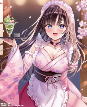 1girl apron blue_eyes blush braid breasts brown_hair cherry_blossoms cleavage commentary_request detached_sleeves flower food hair_between_eyes highres holding holding_tray japanese_clothes kimono large_breasts long_hair long_sleeves looking_at_viewer obi open_mouth original parfait pink_headdress pink_kimono pink_ribbon ribbon sakura_hiyori sash smile solo tray waist_apron white_apron