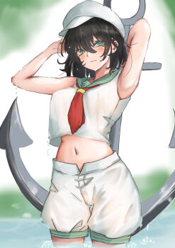 Rule 34 | 1girl, absurdres, adapted costume, anchor, arm behind head, armpits, ascot, black hair, blush, breasts, commentary, green eyes, hair between eyes, hand in own hair, hand up, hat, highres, holding, holding anchor, kuraki, looking at viewer, medium breasts, medium hair, midriff, murasa minamitsu, navel, red ascot, sailor collar, sailor hat, sailor shirt, see-through clothes, shirt, shorts, sleeveless, sleeveless shirt, solo, touhou, wading, water, wet, white shirt, white shorts