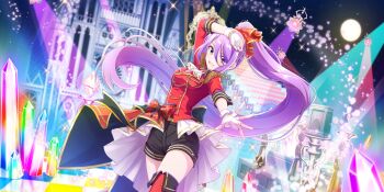 1girl arm_up ashley_(lapis_re:lights) black_shorts boots bow breasts brown_eyes bubble building buttons cathedral checkered_floor church crystal dot_nose double-breasted epaulettes fingerless_gloves full_moon game_cg gloves hair_bow high_ponytail highres idol idol_clothes lapis_re:lights layered_skirt long_hair looking_at_viewer medium_breasts moon night night_sky official_art open_mouth outdoors outstretched_arm plaid_bow ponytail purple_hair reaching reaching_towards_viewer red_boots red_bow red_shirt red_skirt shirt shorts shorts_under_skirt sidelocks skirt sky smile solo stage stage_lights stairs thigh_boots third-party_source very_long_hair white_gloves white_skirt