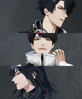 1girl 2boys :/ adjusting_collar averting_eyes black_eyes black_hair black_jacket blackbox_(blackbox9158) bob_cut close-up curtained_hair han_sooyoung headphones headphones_around_neck highres jacket kim_dokja looking_at_viewer medium_hair multiple_boys narrowed_eyes omniscient_reader's_viewpoint portrait short_hair split_screen white_jacket yoo_joonghyuk