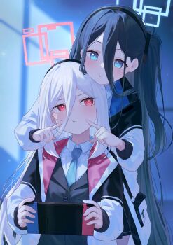 2girls absurdres aris_(blue_archive) black_hair black_hairband black_vest blue_archive blue_eyes blue_halo blush cheek_poking collared_shirt commentary hair_between_eyes hairband halo handheld_game_console highres holding holding_handheld_game_console jacket kei_(blue_archive) kei_(student)_(blue_archive) kuchisode looking_at_another multiple_girls one_side_up open_clothes open_jacket pink_halo poking pout red_eyes shirt vest white_hair white_jacket