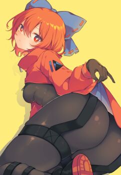 1girl akatsuki_records alternate_costume ass black_bodysuit black_gloves blue_bow bodysuit bow breasts bright_pupils cloak closed_mouth commentary_request expressionless from_behind gloves highres long_sleeves looking_at_viewer looking_back medium_breasts red_cloak red_eyes red_hair revision rock_&#039;n&#039;_rock_&#039;n&#039;_beat sekibanki shoes sneakers solo tama_(soon32281) thighs touhou white_pupils yellow_background