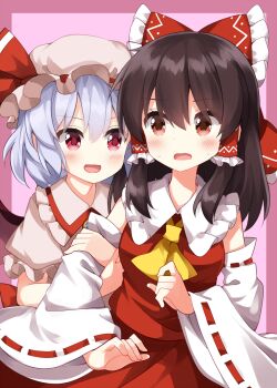 2girls :d ascot bare_shoulders blue_hair blush border bow breasts brown_eyes brown_hair collared_shirt commentary_request contrast_collar cowboy_shot detached_sleeves frilled_bow frilled_hair_tubes frilled_shirt_collar frilled_sleeves frills grabbing_another&#039;s_arm hair_between_eyes hair_bow hair_tubes hakurei_reimu hat hat_ribbon highres long_hair looking_at_another medium_breasts mob_cap multiple_girls open_mouth outside_border pink_background pink_border pink_hat pink_shirt puffy_short_sleeves puffy_sleeves red_bow red_eyes red_ribbon red_shirt red_skirt remilia_scarlet ribbon ribbon-trimmed_sleeves ribbon_trim ruu_(tksymkw) shirt short_hair short_sleeves sidelocks skirt skirt_set smile sweat touhou white_sleeves wide_sleeves yellow_ascot yuri