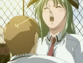 00s 1boy 1girl 2005 animal_ears animated animated_gif bible_black bible_black_only bow bowtie breasts closed_eyes clothed_sex fence green_hair hetero implied_sex ito_mika large_breasts open_mouth out-of-frame_censoring outdoors rabbit_ears school school_roof school_rooftop school_uniform sex sunset tagme