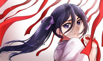 Rule 34 | 1046sstep btoh, 1girl, black hair, bleach, bleach: epilogue, commentary request, from side, haori, highres, japanese clothes, kuchiki rukia, long hair, looking at viewer, portrait, purple eyes, red ribbon, ribbon, side ponytail, signature, smile, solo, white haori